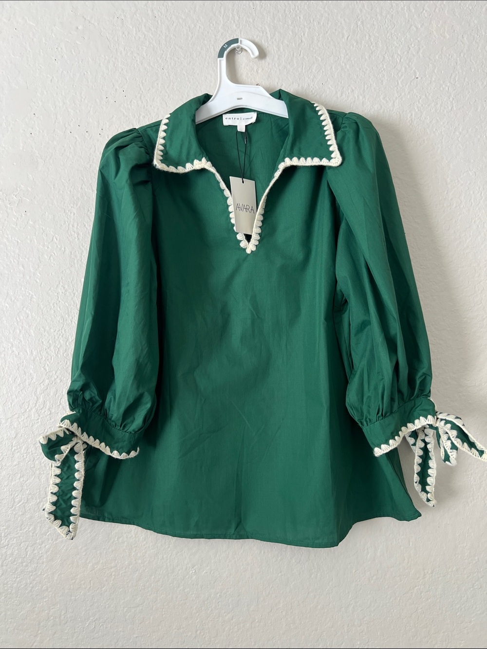 NWT ENTRO Bridget Top Green Trim Cotton Poplin Puff-Sleeve Cotton Blend XS